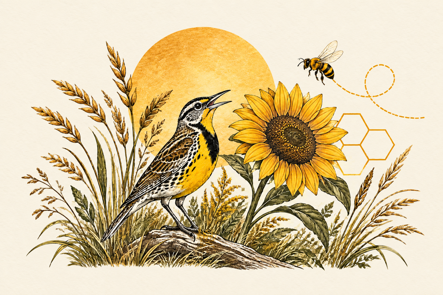 A western meadowlark among a sunflower and Kansas prairie grasses